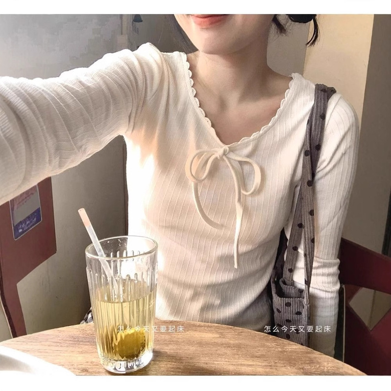 [Original High-Elastic Fabric] White Lace Collar Bow Ballet Style Long-Sleeved T-Shirt for Women with Jacquard Inner Layer for Autumn and Winter