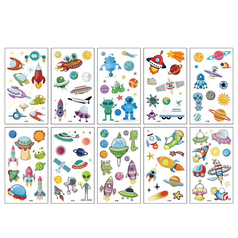 Estricta selección Nuevo espacio tatuaje pegatinas impermeable niños dibujos animados astronauta nave espacial pegatinas de tatuaje en stock al por mayor