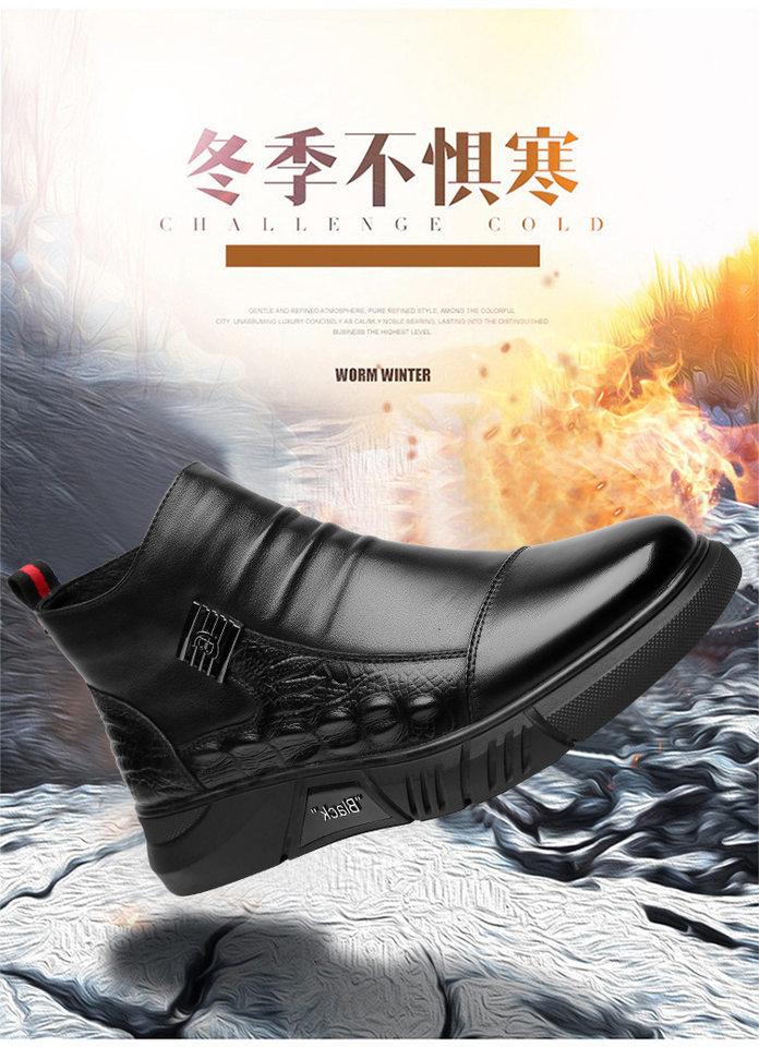Giày bốt Martin nam cổ cao da bò lót bông giữ ấm chống trượt, gót thấp 1–3 cm — Màu đen đơn 5376, Bông đen 5376 chi tiết 2