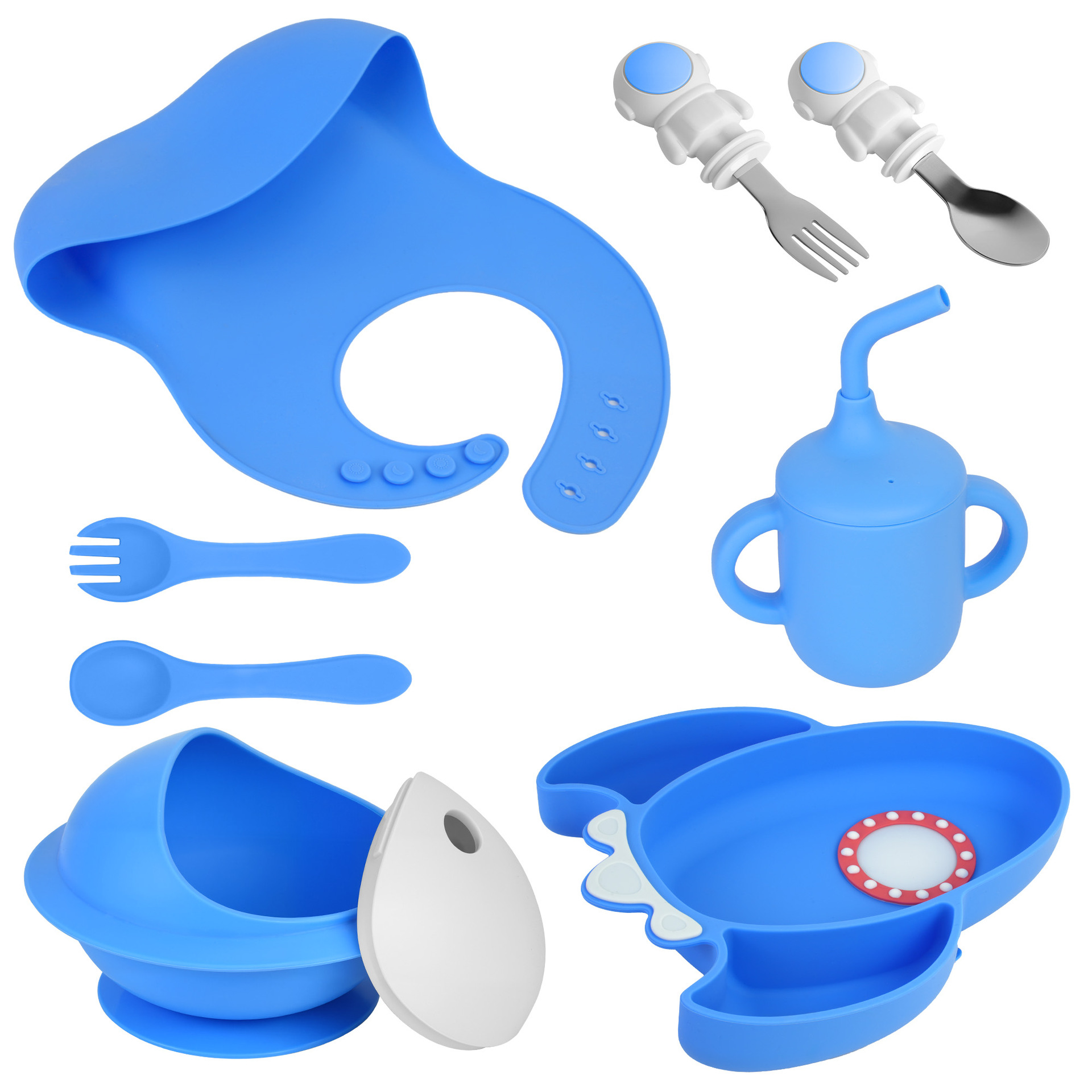 아기 실리콘 분할 디너 플레이트 국경 폭발 우주 비행사 어린이 식기 세트 만화 디너 플레이트 보충 그릇 포크 스푼