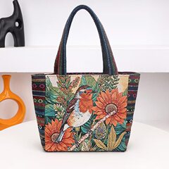 手提包包女外出帆布包大容量花朵小鸟图案手提小包女民族风手拎包