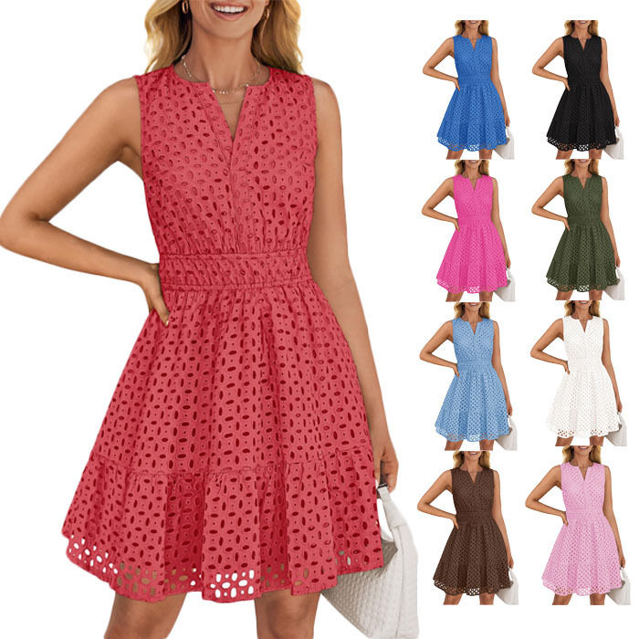 Cross-Border Export Women's Summer Sleeveless V-Neck Cut Out Eyelet High-Waist Dress Amazon's Popular Casual Work Clothing