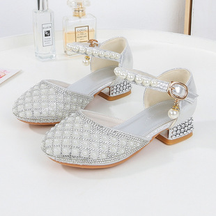 Children's High Heeled Performance Shoes Girls' silver Princess Shoes Little Girl's Show Shoes White Crystal Shoes Dress Shoes