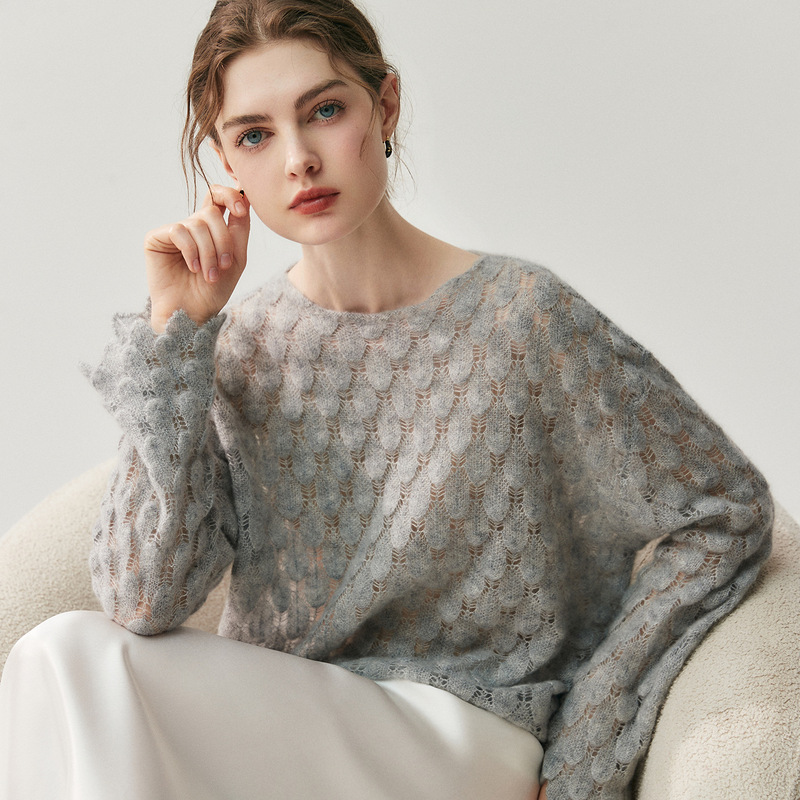 75% Cashmere 25% Mulberry Silk Thin Knitwear Women's Cut Out One-Line Collar Lazy Style Loose Large Size Knitwear