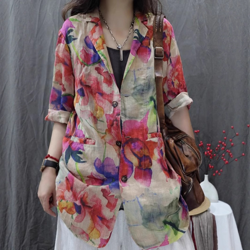 2025 Autumn and Summer New Retro Style Cotton and Linen Printed Large Size Women's Casual Loose Versatile Long-Sleeved Shirt Tops