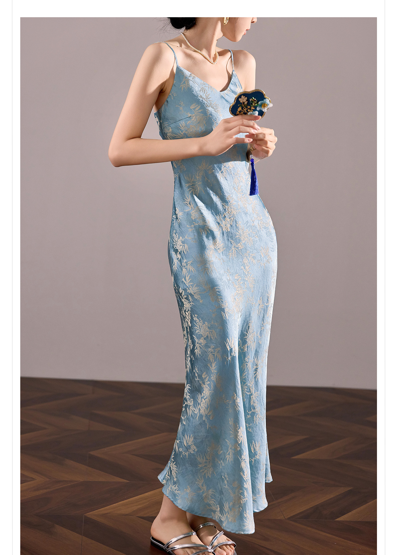 Váy maxi cạp cao vải rayon họa tiết lá tre xanh mùa hè, dáng suông tôn dáng ZX M4081 — Màu xanh nước hồ chi tiết 6