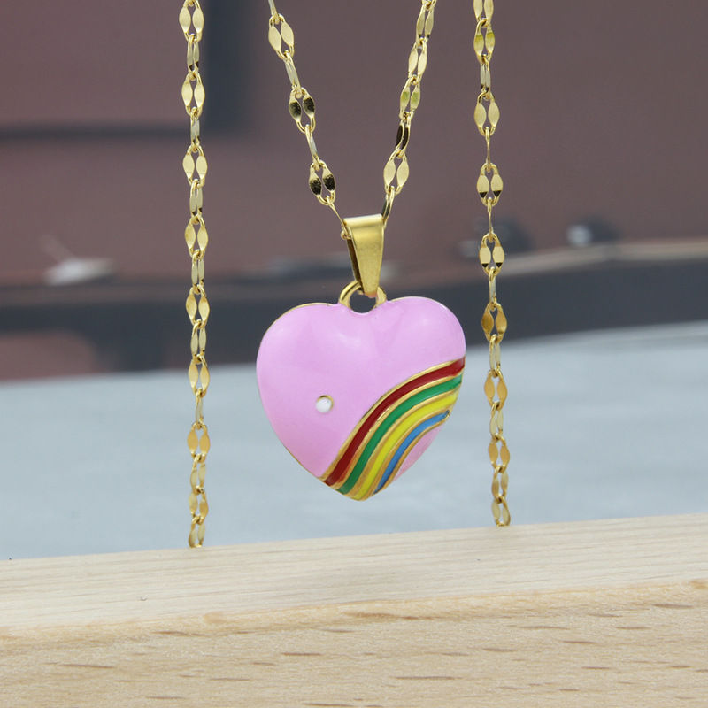 Fashion Rainbow Heart Shape Titanium Steel Earrings Necklace Splicing Stainless Steel Necklaces