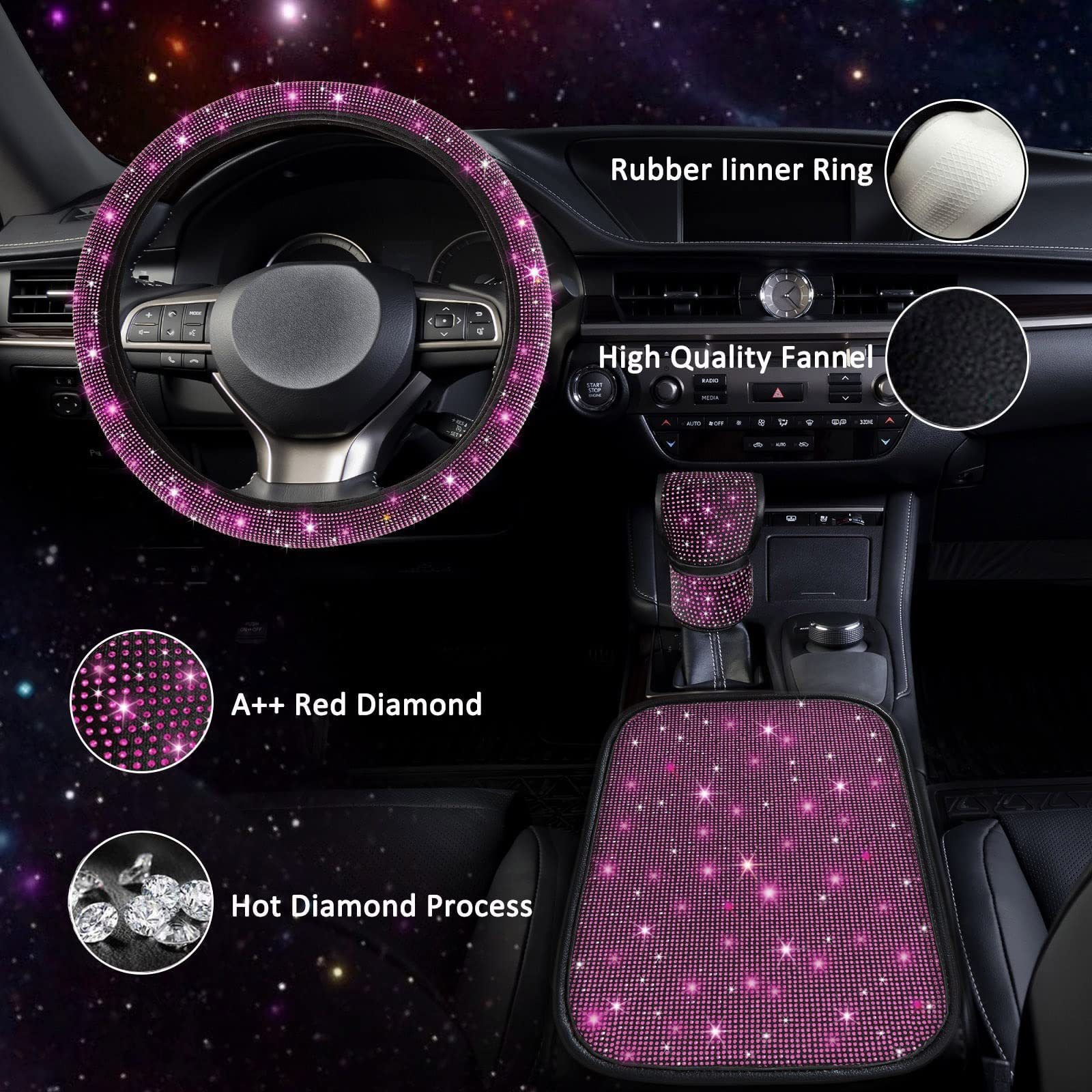 Car Steering Wheel Cover with Hot Diamonds, Full Diamonds, Rhinestone Armrest Box Pad, Gear Handle Cover, Cross-Border Popular Three-Piece Set Wholesale
