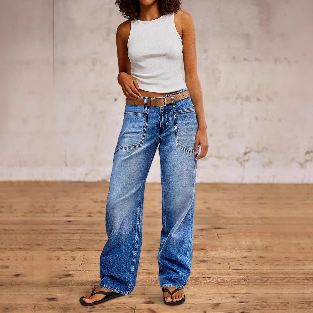 Jeans Rectos para Mujer de Mezclilla de Algodón, Cintura Alta, Elástico, para Uso Diario image 4