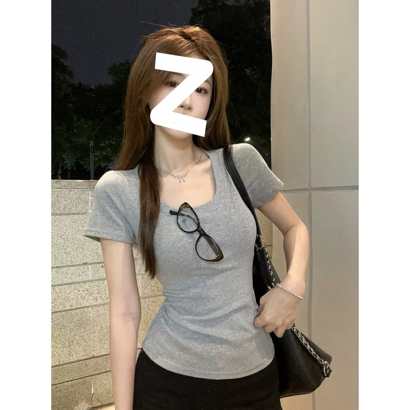 For Live Broadcast high quality Grey Short-sleeved Shoulder T-shirt Women's Summer Slim-fit Slimming Top