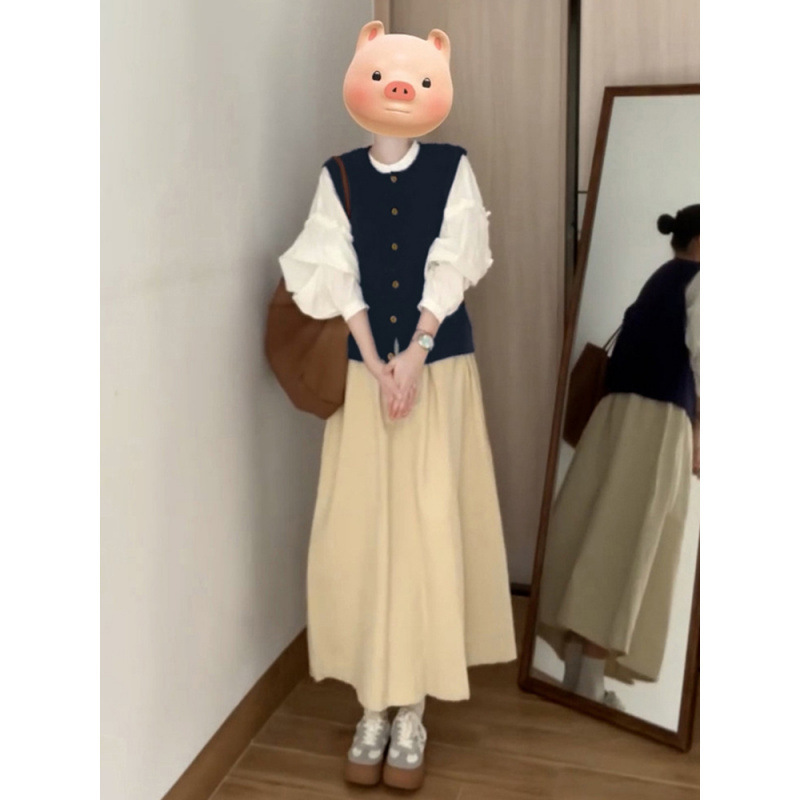 衬衫马甲套装长裙2025早秋新款半身连衣裙子女春秋韩系时尚感穿搭|undefined