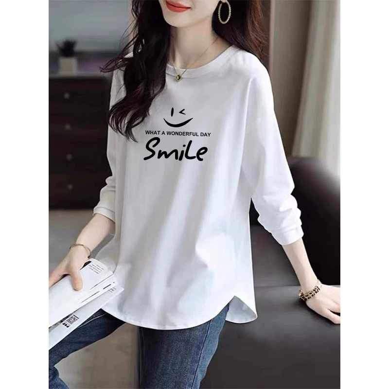 Дизайн с длинными рукавами футболка женская средняя длинная модель с хлопком 2024 весной и осенью новый иностранный большой размер свободный топ