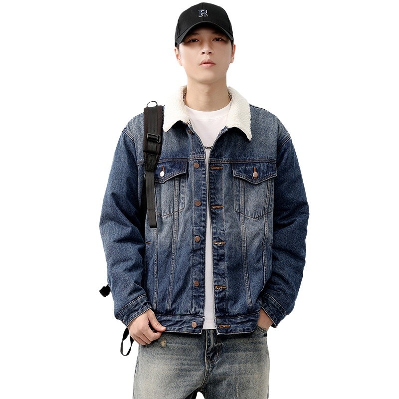 2024 invierno sencillo nostálgico velchillo grueso chaqueta denim hombre estilo de moda joven chaqueta denim cálida