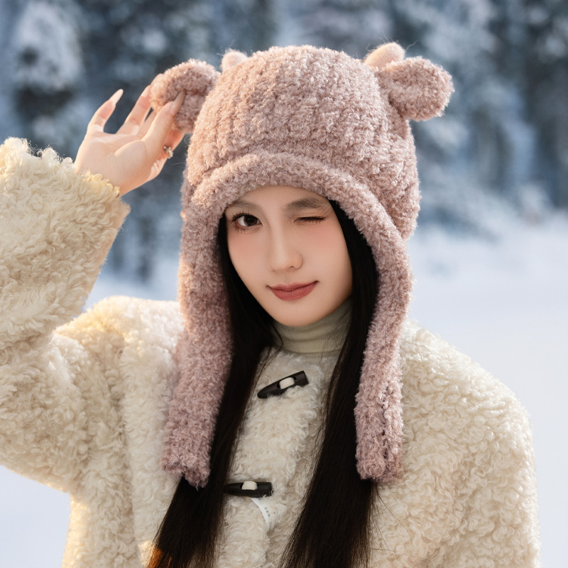 新款麋鹿耳朵帽子女秋冬甜美可爱套头帽户外防寒保暖帽休闲毛绒帽|undefined