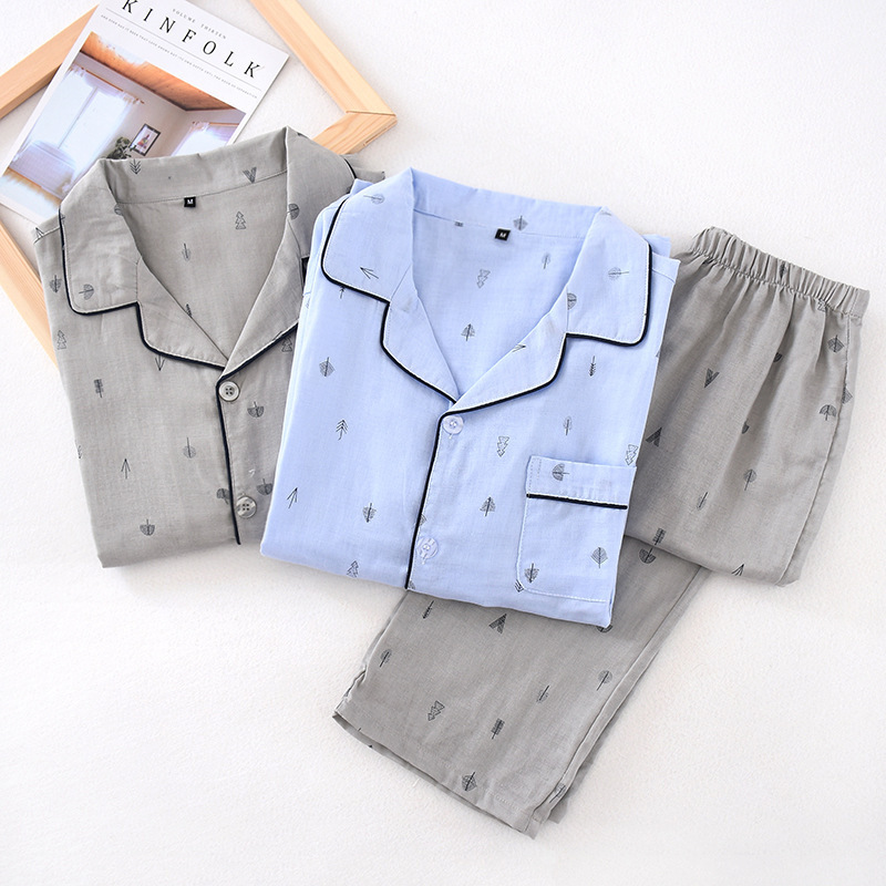 Spring and Summer New Cotton Men's Pajamas with Lapel, Long Sleeves, Long Pants, Loungewear Set, Casual Loose Fit, Plus Size Homewear