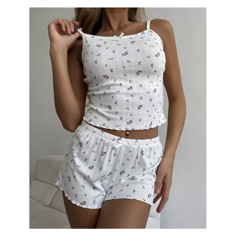 European and American Fashion Home Clothes Slim-fit Printed Jacquard Sling Shorts Two-piece Set Ear Edge Sexy Pajamas for suit Women