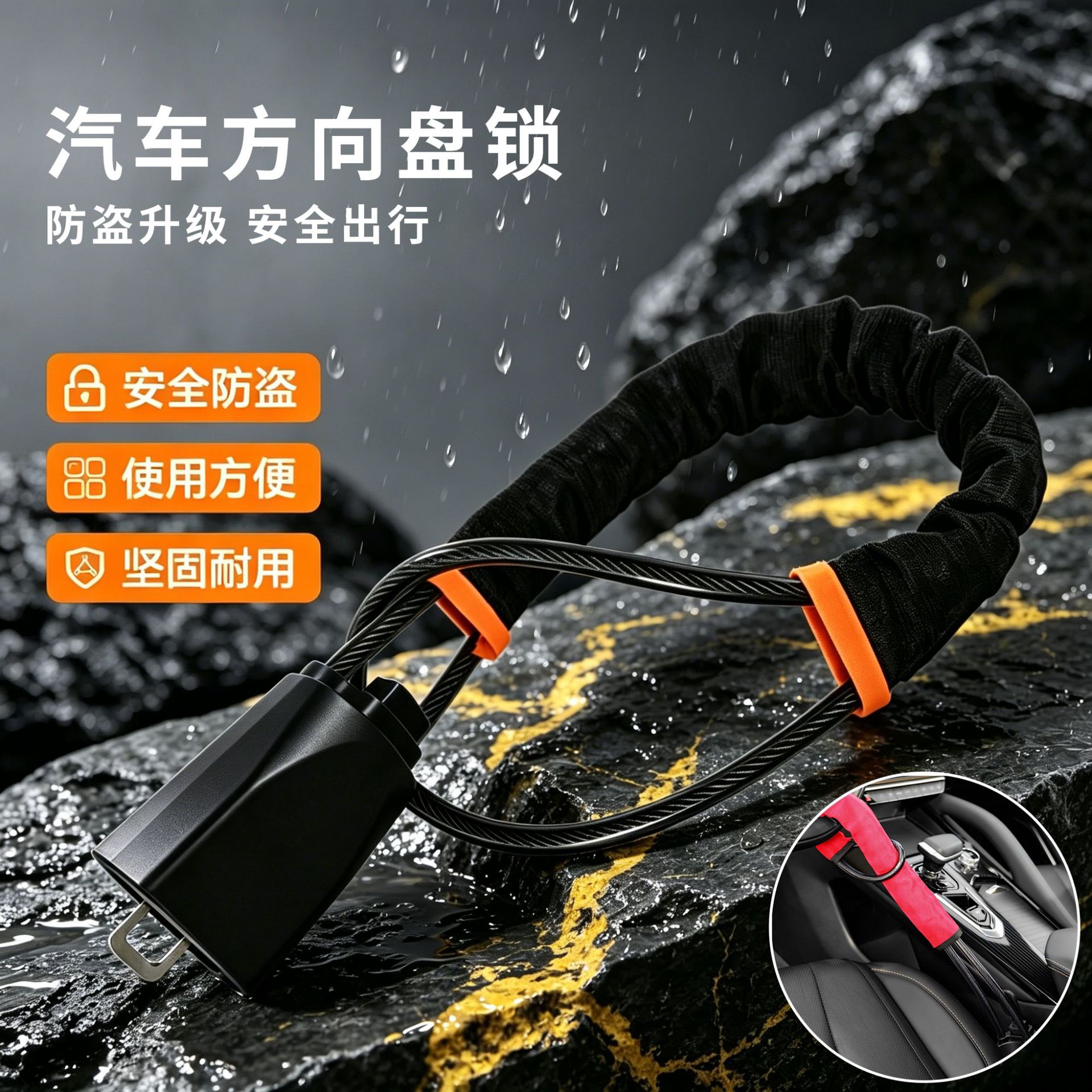 跨境亚马逊汽车方向盘锁钢丝钢缆绳锁加长加粗更牢固安全带卡扣锁