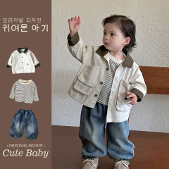 Youhe 子供服 2025 春と秋のスーツ幼児男の子大きなポケットジャケットジーンズストライプ Tシャツ 3 点セット 3