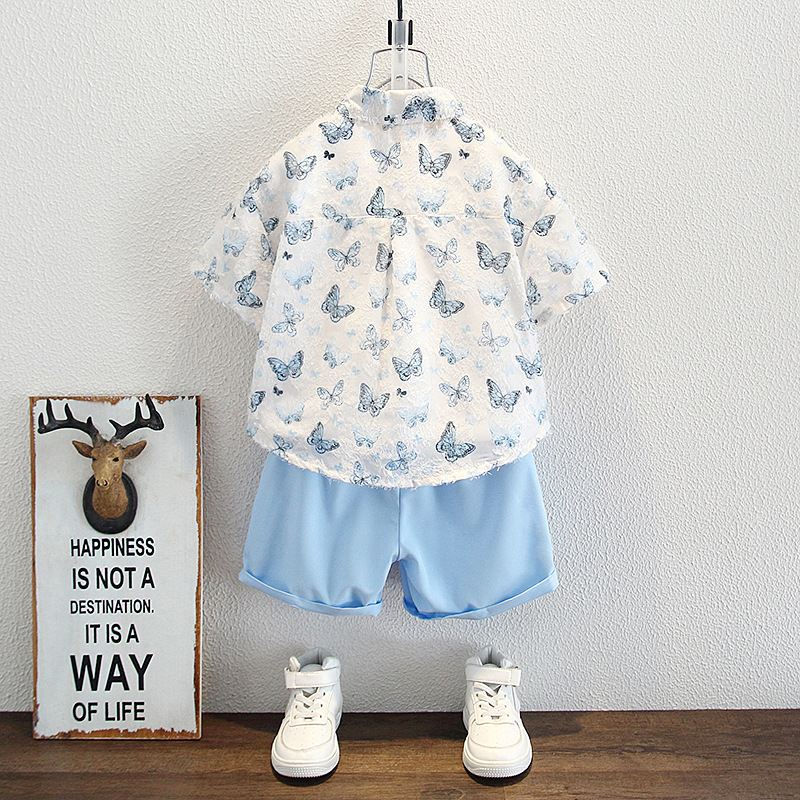 8142 Traje de verano para niños 2025 Nuevo estilo Camisa de manga corta de moda para niños Pantalones cortos Ropa de bebé de dos piezas de moda