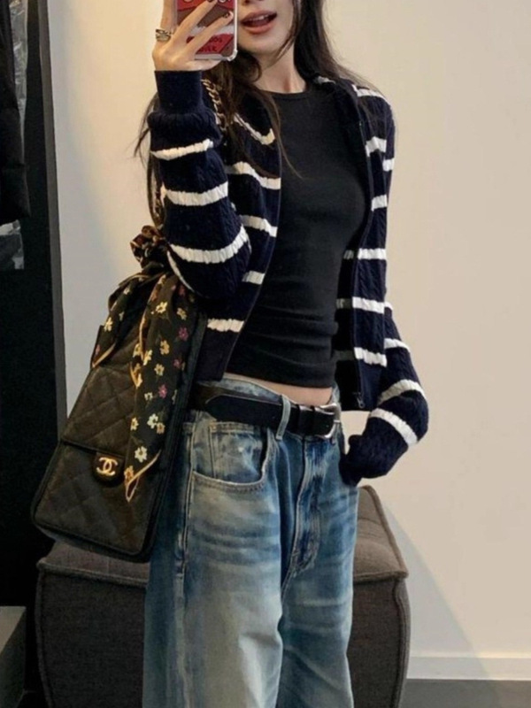 藏青色条纹连帽麻花针织开衫外套女韩系氛围感早秋季穿搭毛衣上衣|undefined