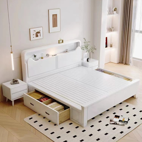 White solid wood bed modern simple 1.8m double bed bedroom 1.5m single high box storage master bedroom wedding bed