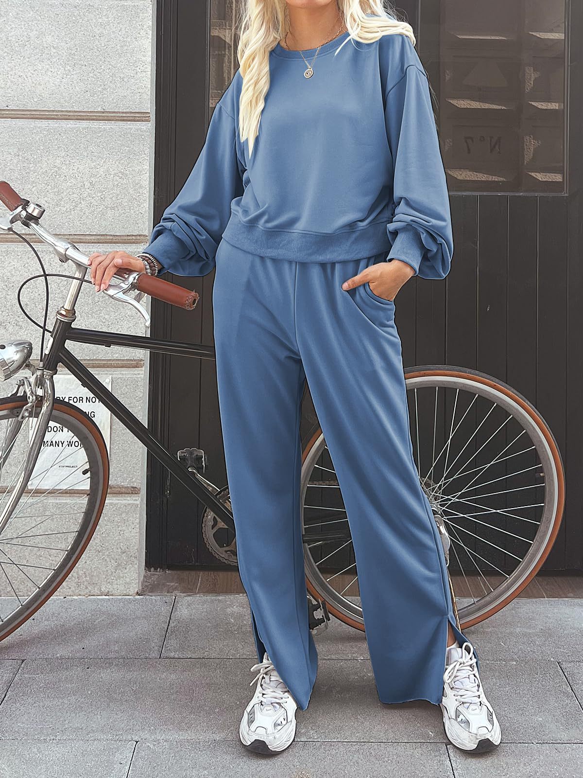 Conjunto Deportivo con Cuello Redondo Set de 2 Piezas de Poliéster de Manga Larga