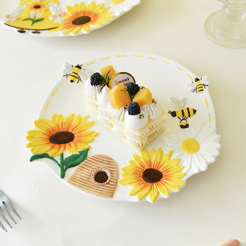 Primavera abejas girasol genio cerámica en relieve disco lindo platos platos