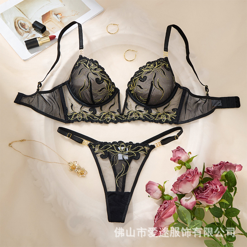 W Transparent Ultra-Thin Steel Ring Sexy Lingerie, Elegant Gold-Trimmed Sexy Set, Lace Bra, Women's Bra 25115