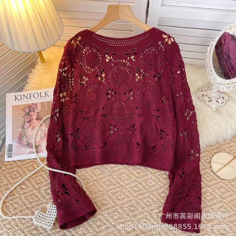 Chanel-Style Three-Dimensional Floral Hollow-Out Knit Cardigan for Women, Spring and Autumn Style, Lace Overlay Long-Sleeve Short Top Chanel-Style Three-Dimensional Floral Hollow-Out Knit Cardigan for Women, Spring and Autumn Style, Lace Overlay Long-Sleeve Short Top