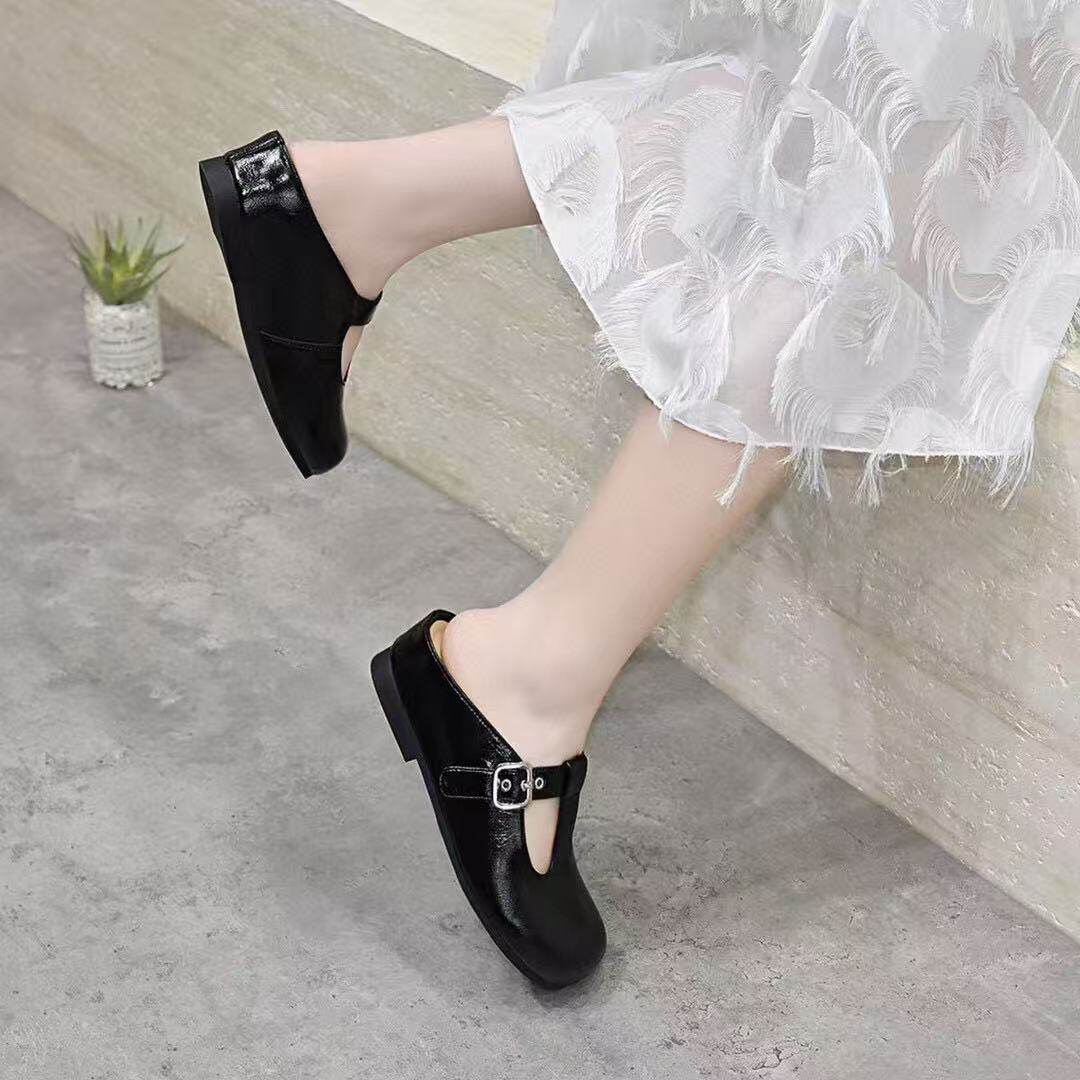 Dép mule nữ da thật mũi tròn đế bệt — màu đen