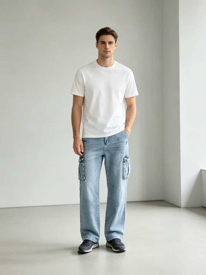 Jeans Cargo Rectos para Hombre de Mezclilla de Algodón, Múltiples Bolsillos, para Uso Casual