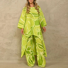 欧美女装时尚宽松大码印花不规则上衣高腰直筒裤套装显瘦欧美风