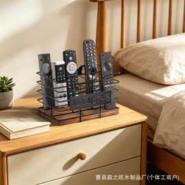 桌面遥控器收纳筐可壁挂杂物收纳盒铁木结合多格文件铅笔收纳架