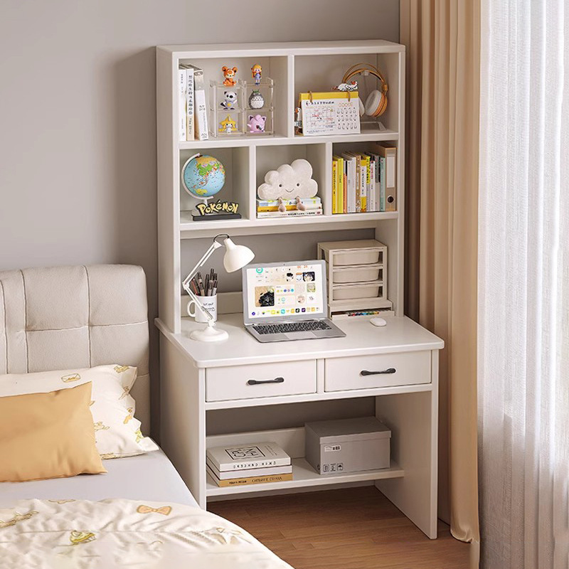 Solid Wood Desk Bookshelf Integrated Table Small Apartment Computer Table Desktop Home Bedroom Student Adult Learning to Write