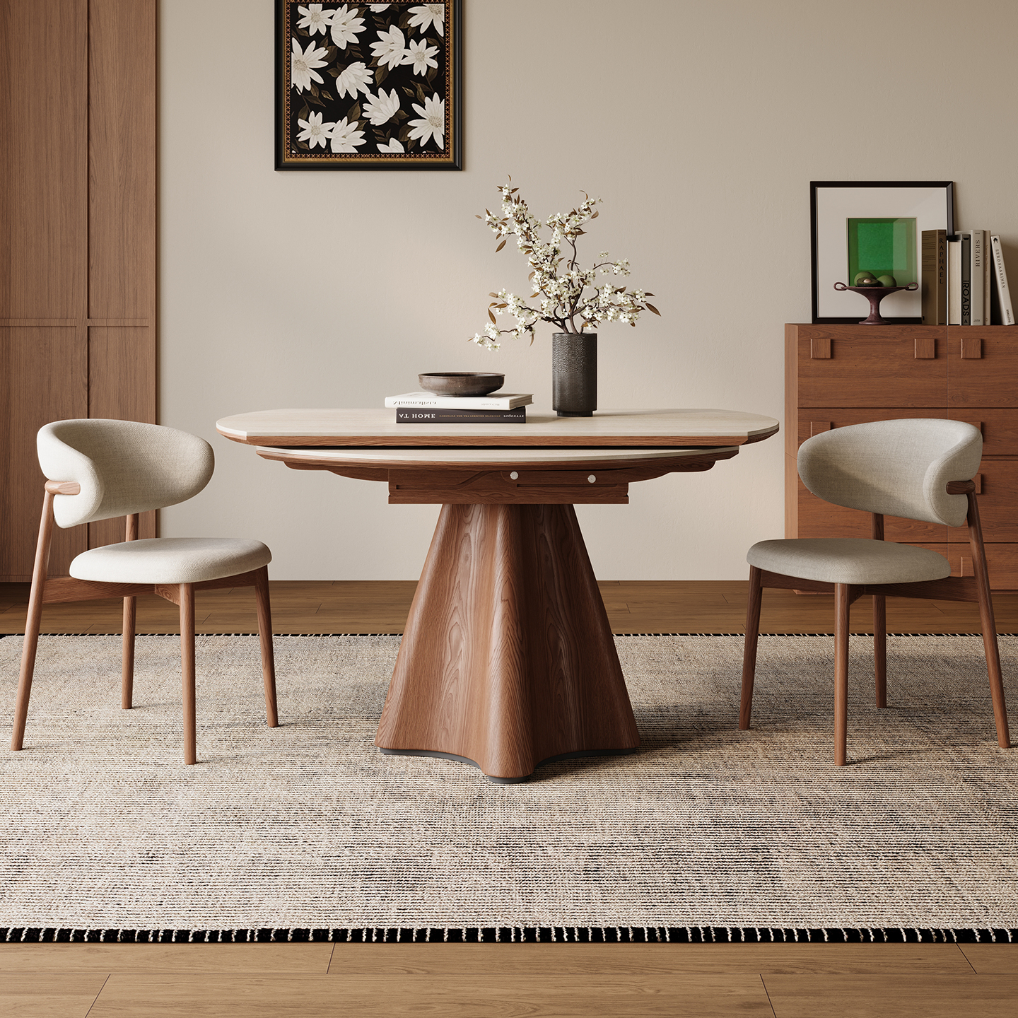 Mesa de comedor telescópico de madera maciza de piedra de piedra de caverna redonda estilo medieval casa pequeña mesa redonda variable silenciosa mesa de comedor