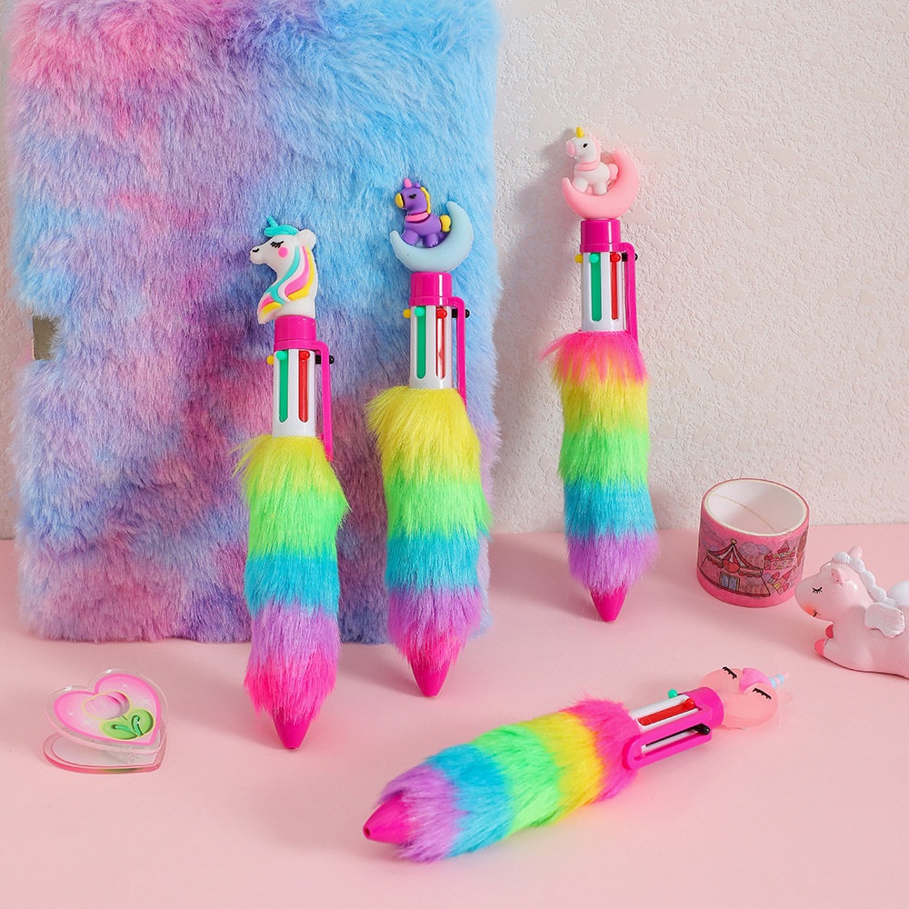 New Push-type Cartoon Plush Unicorn Ballpoint Pen Student Learning Writing Six-color Neutral Oil Pen Signature Pen display picture 2