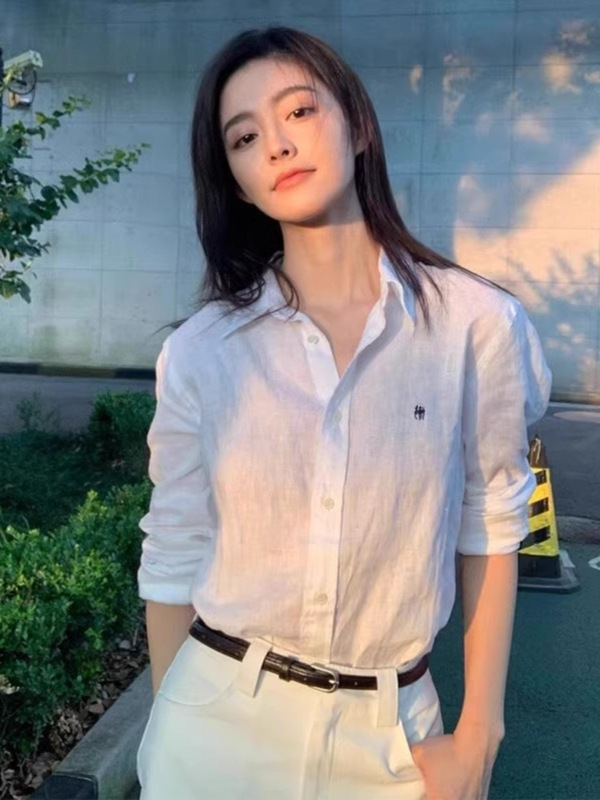 Ralph Lauren Embroidered Logo Top for Women, Spring/Summer Thin Linen White Long-Sleeve Casual Loose Niche Sun-Protection Shirt