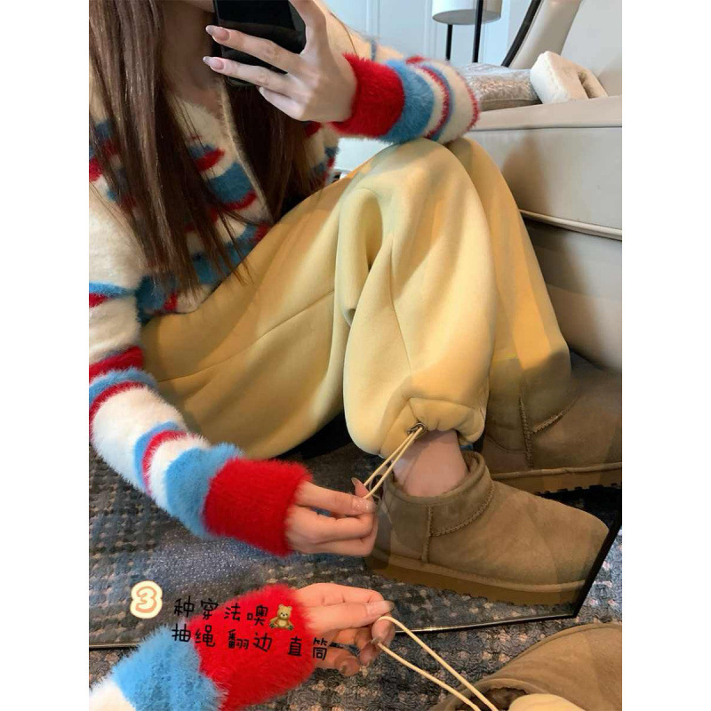 기모 두꺼운 캐주얼 스포츠 HARLAN WEI PANTS 여자 2024 겨울 새로운 느슨한 슬리밍 긴 바지 넓은 다리