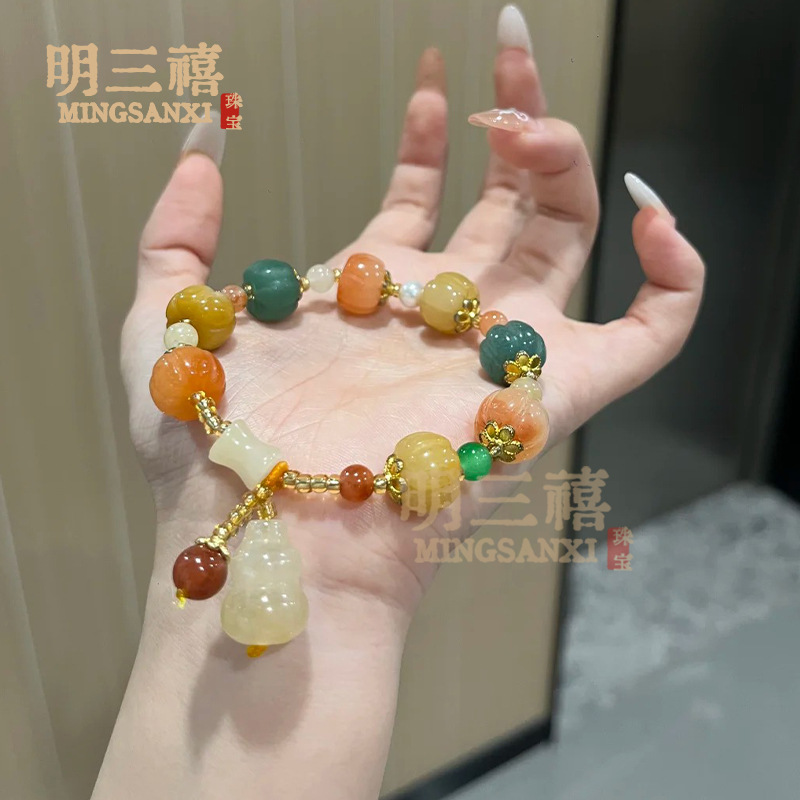 金丝玉手链天然新疆情侣款民族风南瓜珠竹节吊葫芦黄玉手串节节高