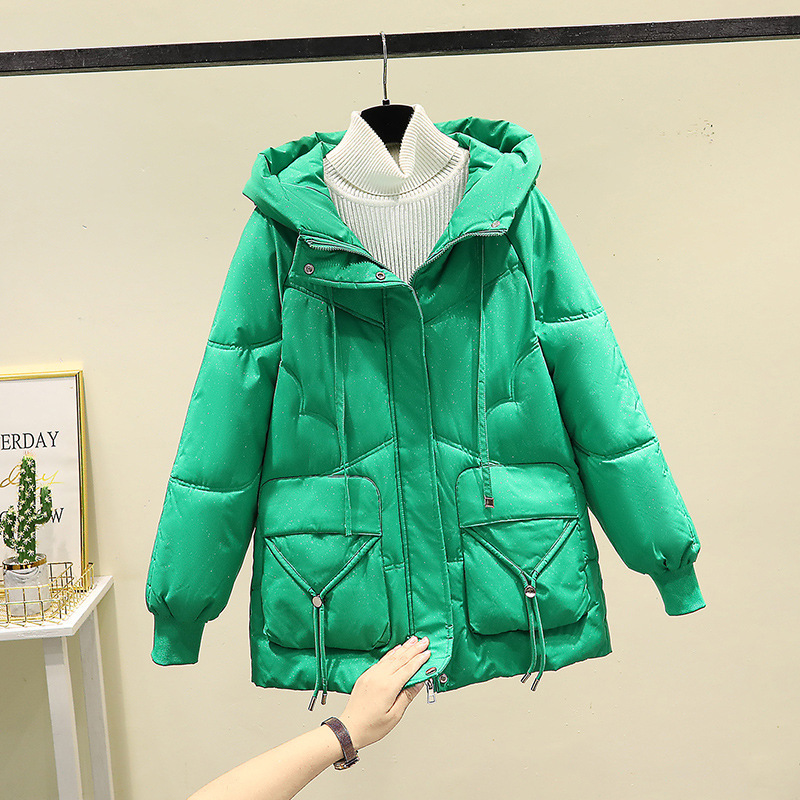 亮晶晶羽绒棉服女2025冬新款韩版中长款宽松加厚棉衣女连帽面包服|undefined