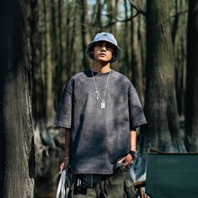 欧美跨境230g重磅水洗做旧短袖T恤男百搭纯色宽松圆领潮牌上衣ins