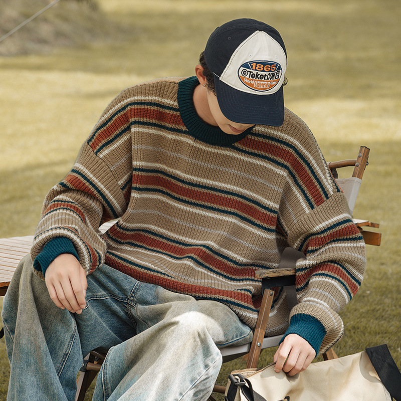 Vintage Color Matching Striped Sweater Men's Autumn and Winter New American Loose Lazy Style Couple's All-match Thick Needle Sweater for Women