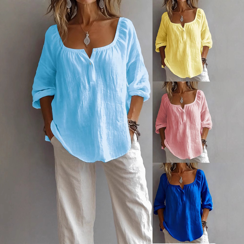 2025 Export Cross-Border New Women's Clothing Casual V Neck Long-Sleeved Pullover Loose Pure Color Multi-Color Women's T-Shirt