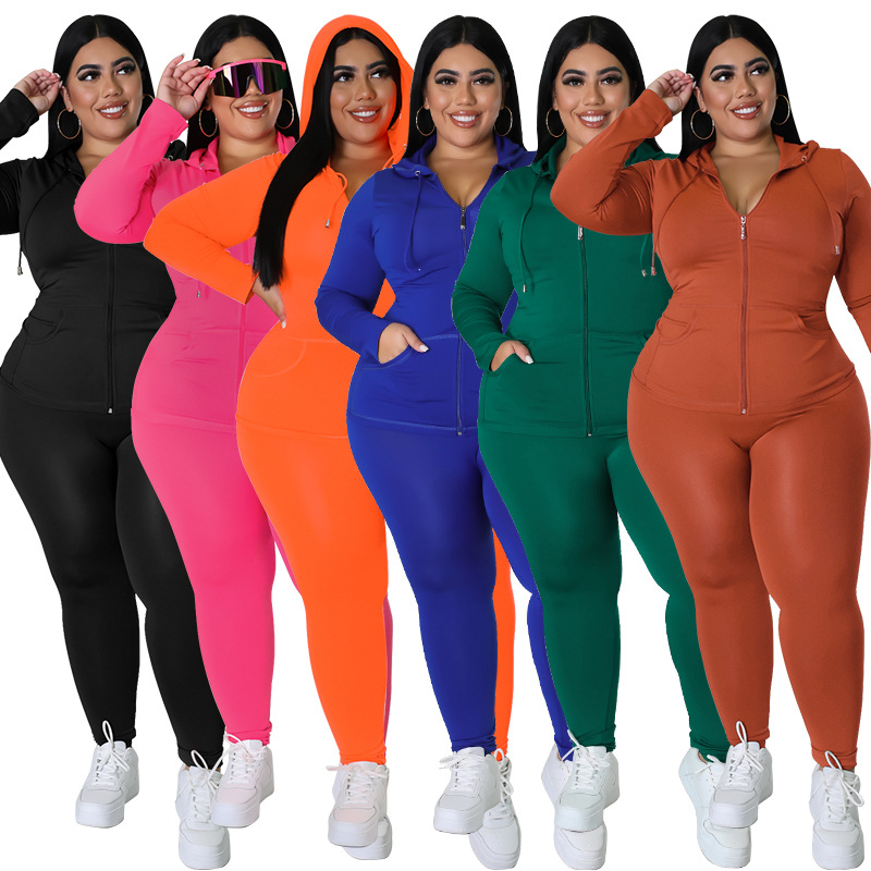 Plus Size Women's Clothing Solid Color Hooded Long Sleeve Fashion Casual Set Autumn Wear_ecoleips.com