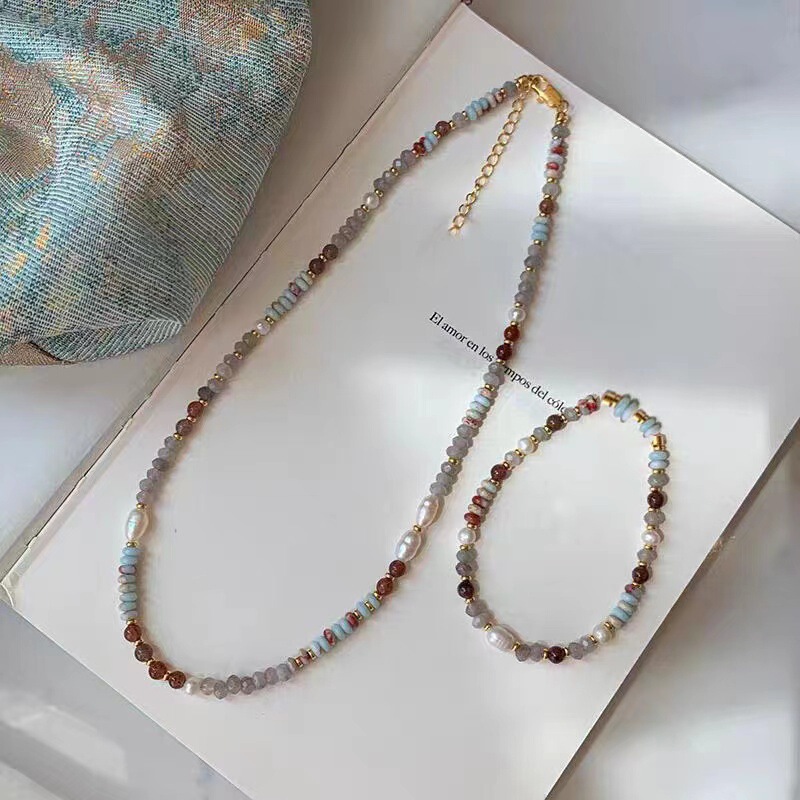 Anti-natural Pearl Colorful Dopamine Glazed Tourmaline Stone Beaded Necklace Accessories Women's Light Luxury Overlapping Collarbone Necklace Chain