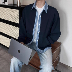 美式学院风格纹拼接假两件开衫外套男2025春秋新品宽松休闲夹克男
