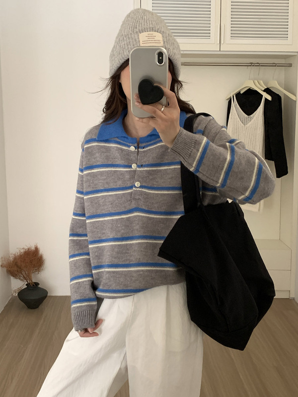 木四 polo领条纹套头毛衣女秋冬新款韩系宽松miumiu针织上衣M6698|undefined