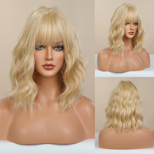 Amazon cos European and American hot selling full bangs cute cherry pink short curly Bob head natural women's chemical fiber wig