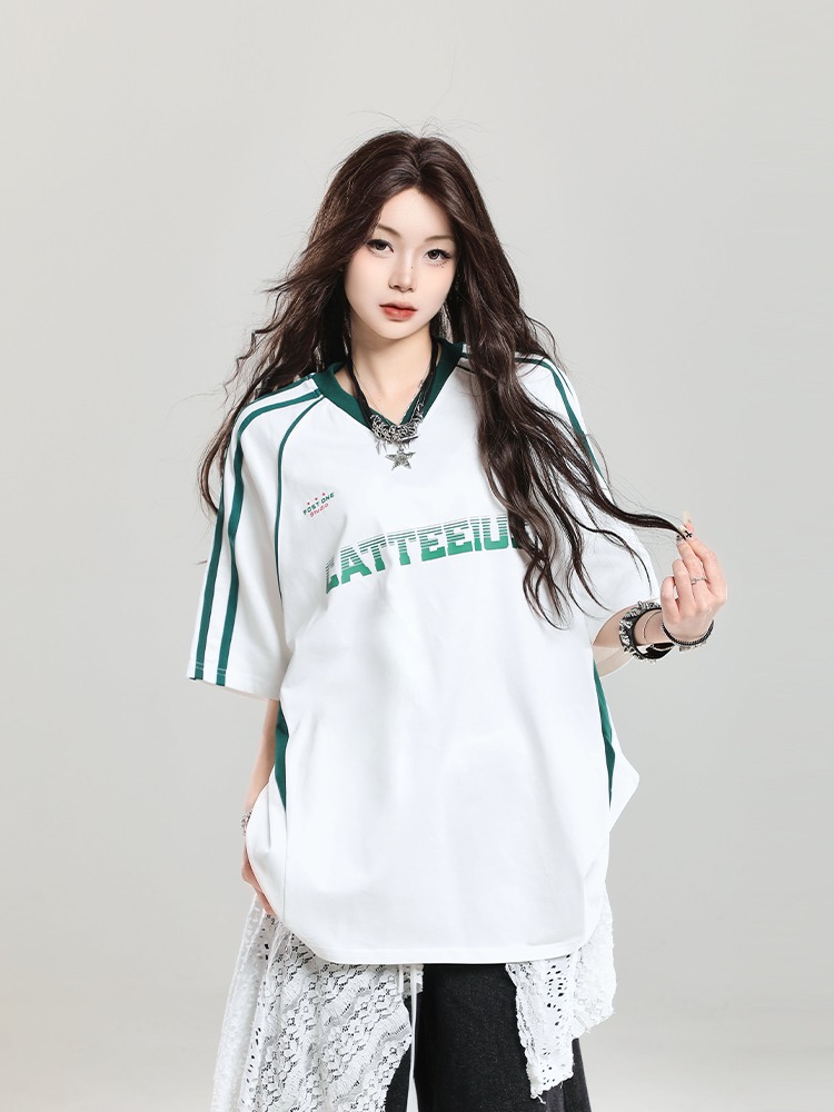 American-style Patchwork Striped V-neck Sporty Loose Short-sleeve T-shirt For Men And Women, Hip-hop Street Style_viptrois.com