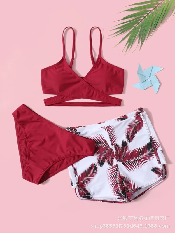 Bikini de moda europea y americana, 3 piezas, multicolor con estampado de plumas dobles, estilo sexy